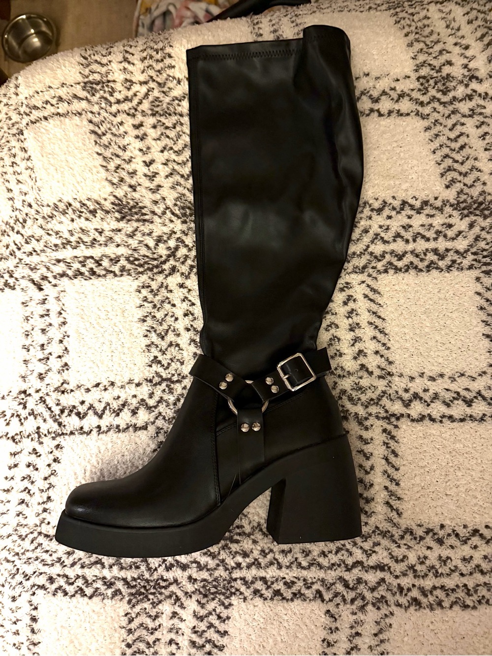 Black Mid-Calf Block Heel Boots with Buckle Harness